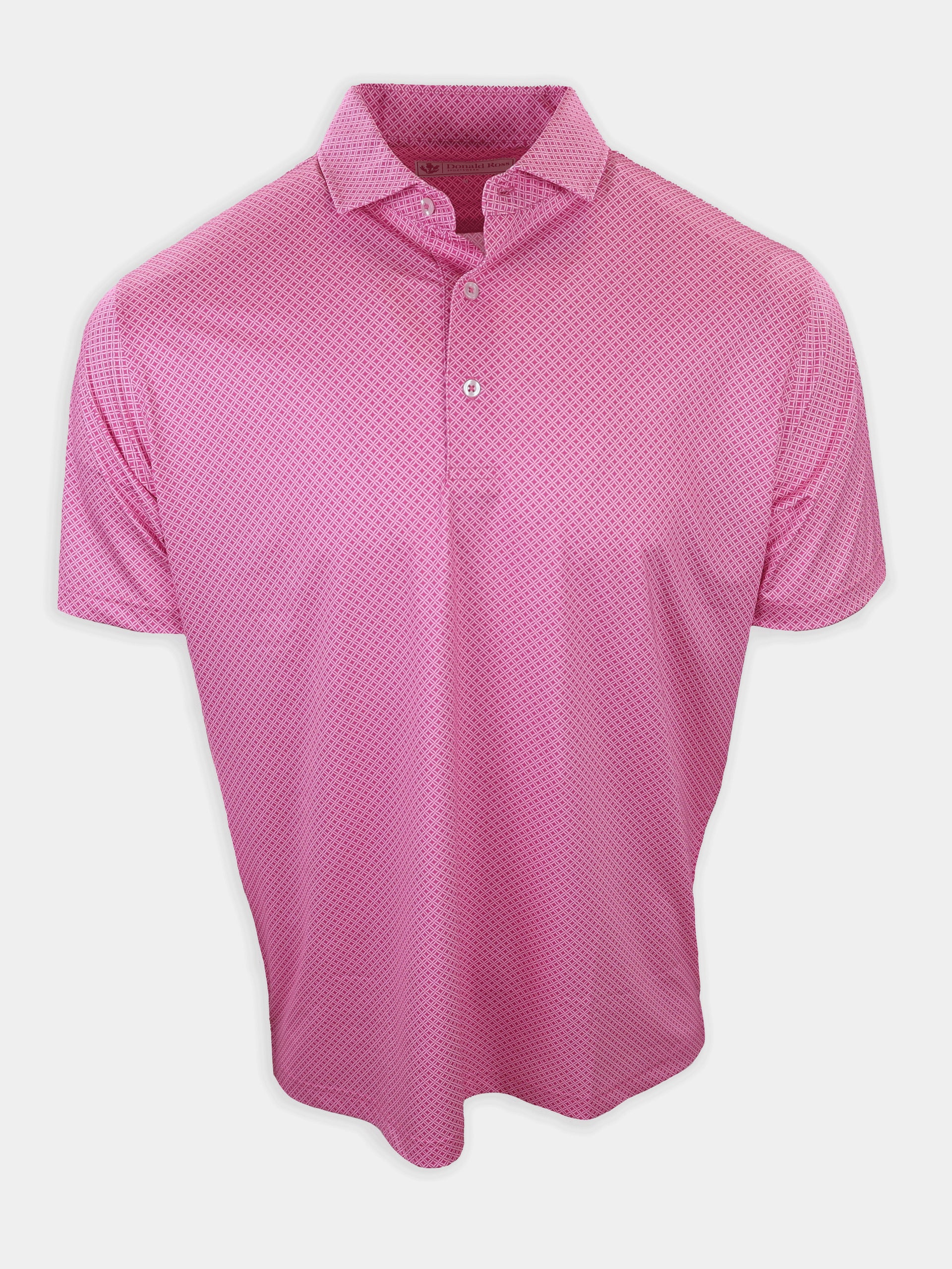 A short-sleeved pink polo shirt with a diamond pattern is displayed against a plain background.