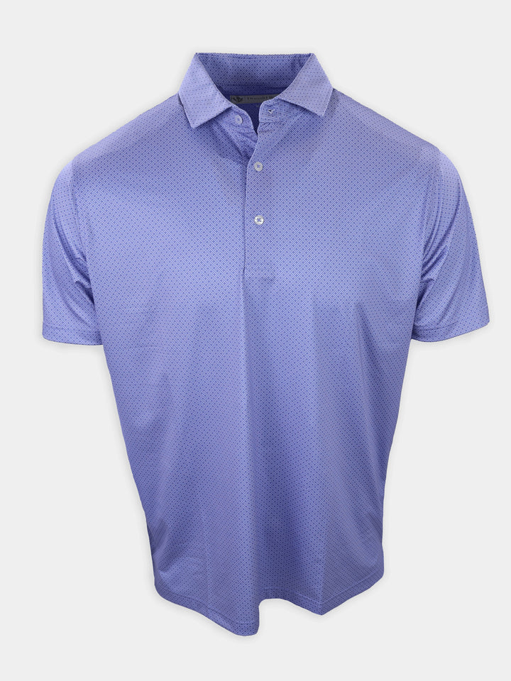 Short-sleeve polo shirt in light purple with a geometric pattern and a collar.