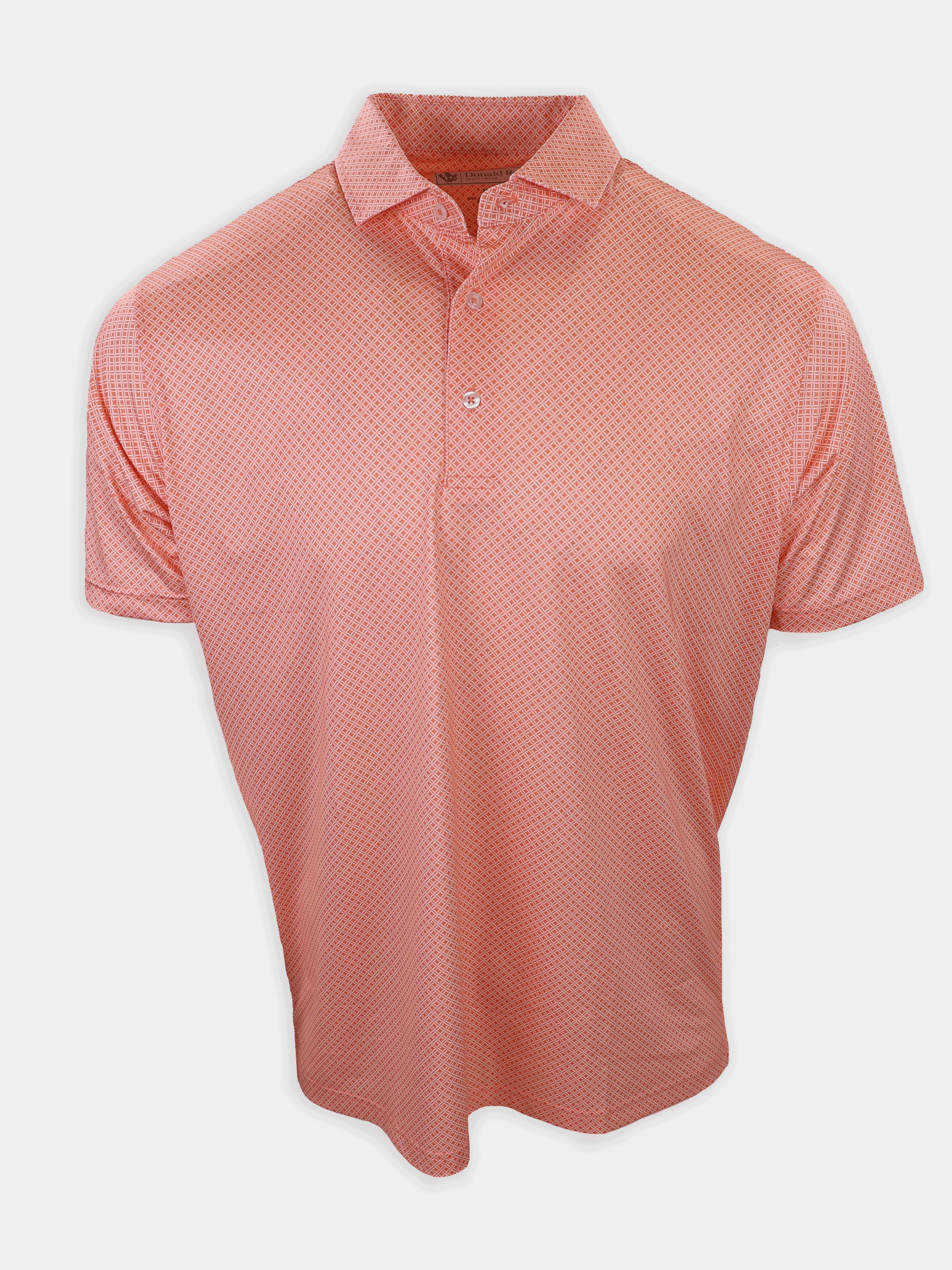 Red and blue striped polo shirt displayed on a white background.