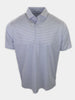 Short-sleeved polo shirt with a light blue and navy patterned design is displayed against a white background.