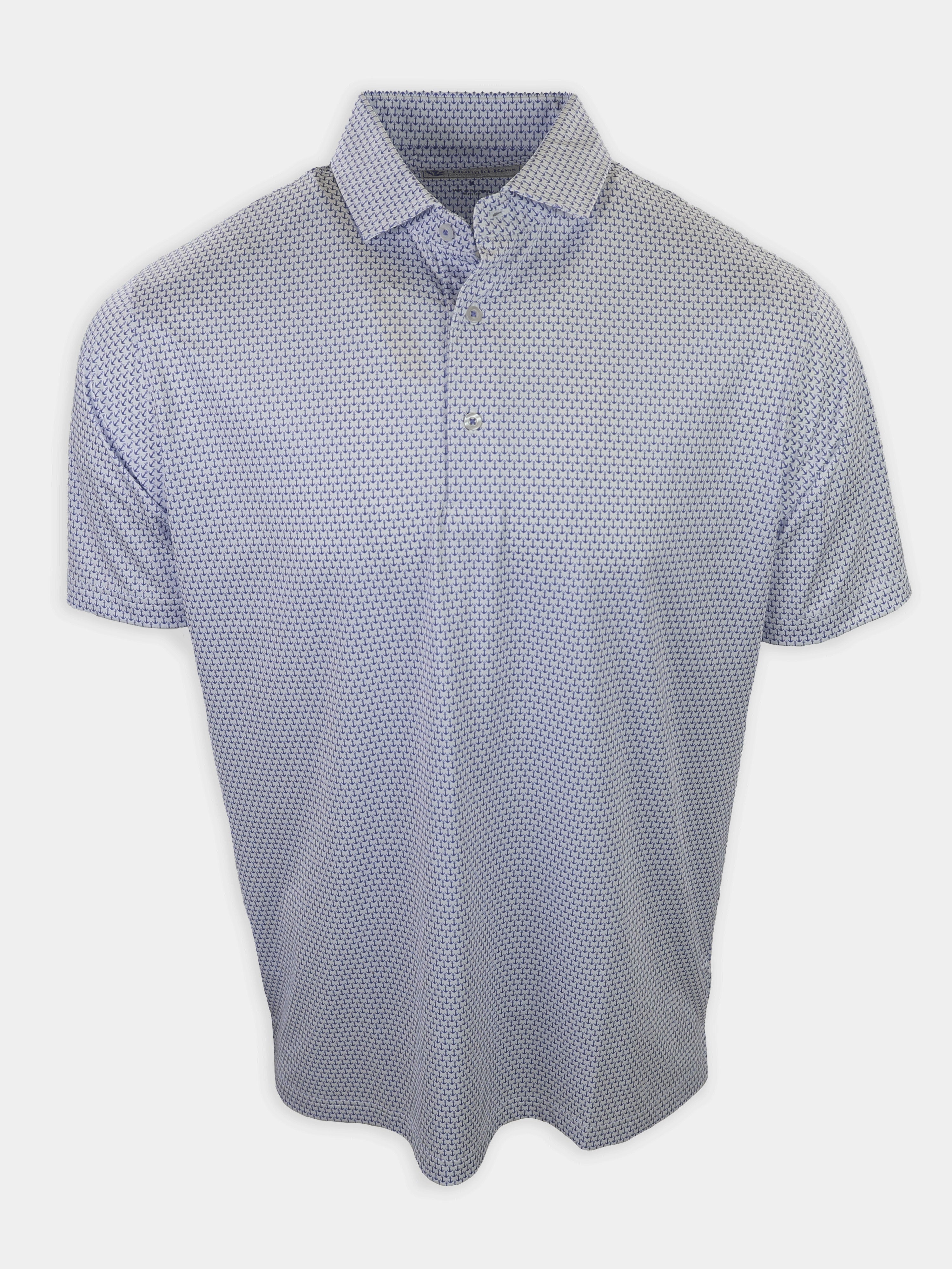 Short-sleeved polo shirt with a light blue and navy patterned design is displayed against a white background.