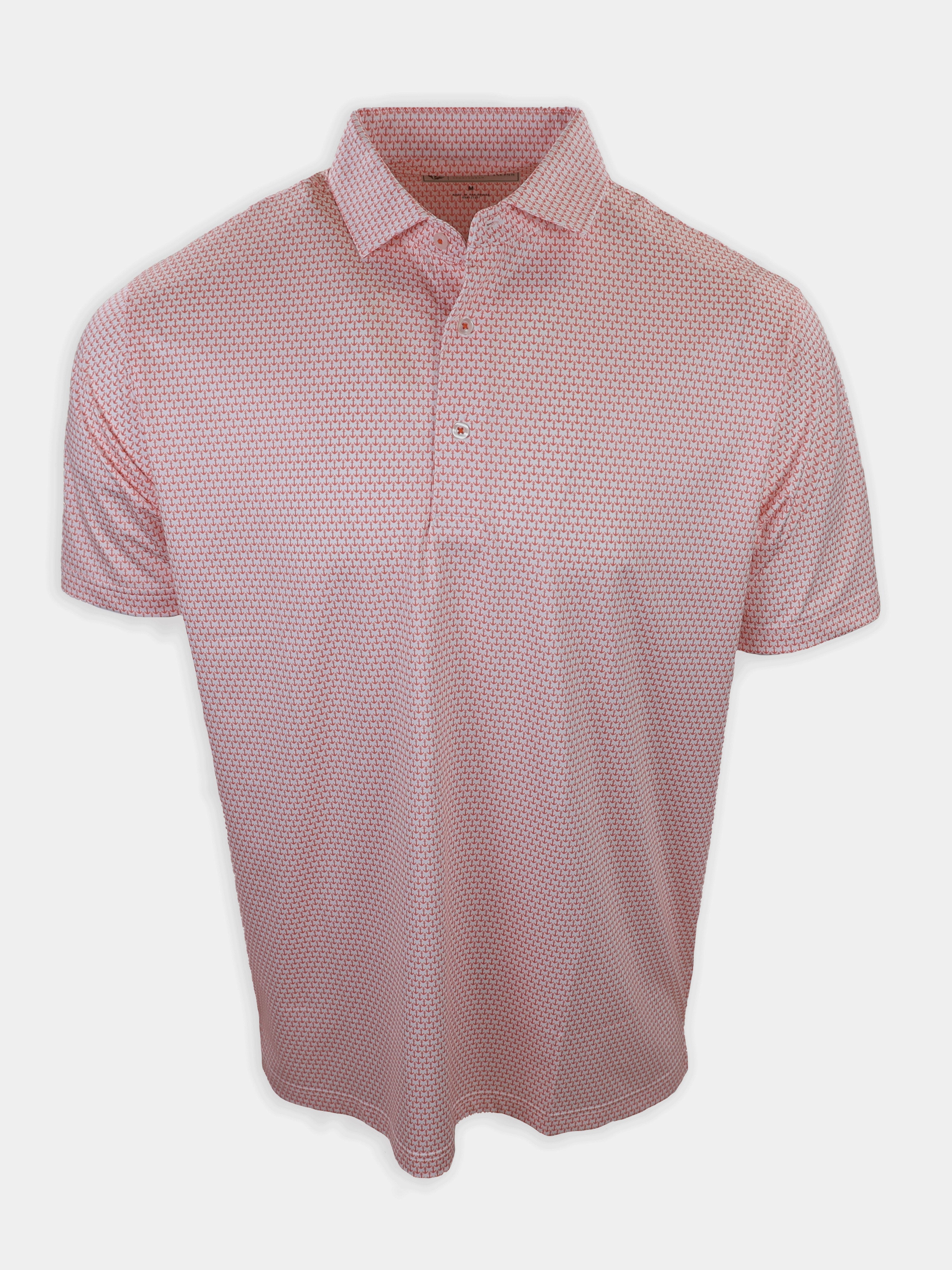 Short-sleeved polo shirt in a light pink color with a geometric pattern.