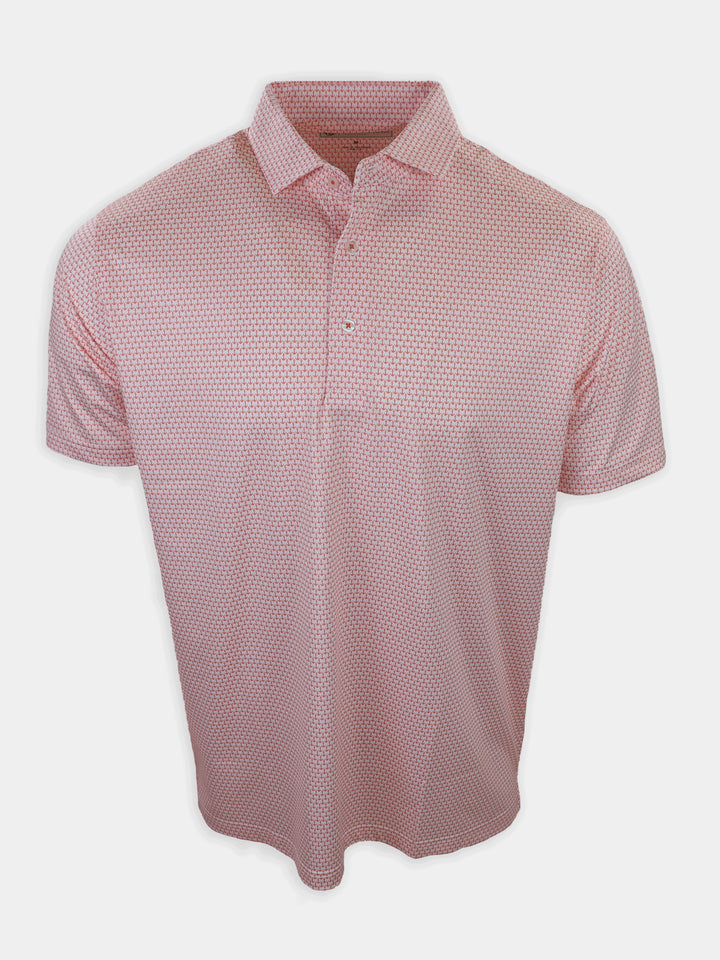 Short-sleeved polo shirt in a light pink color with a geometric pattern.