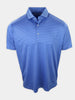 Short-sleeve polo shirt in a blue color with a textured pattern and two buttons at the collar.