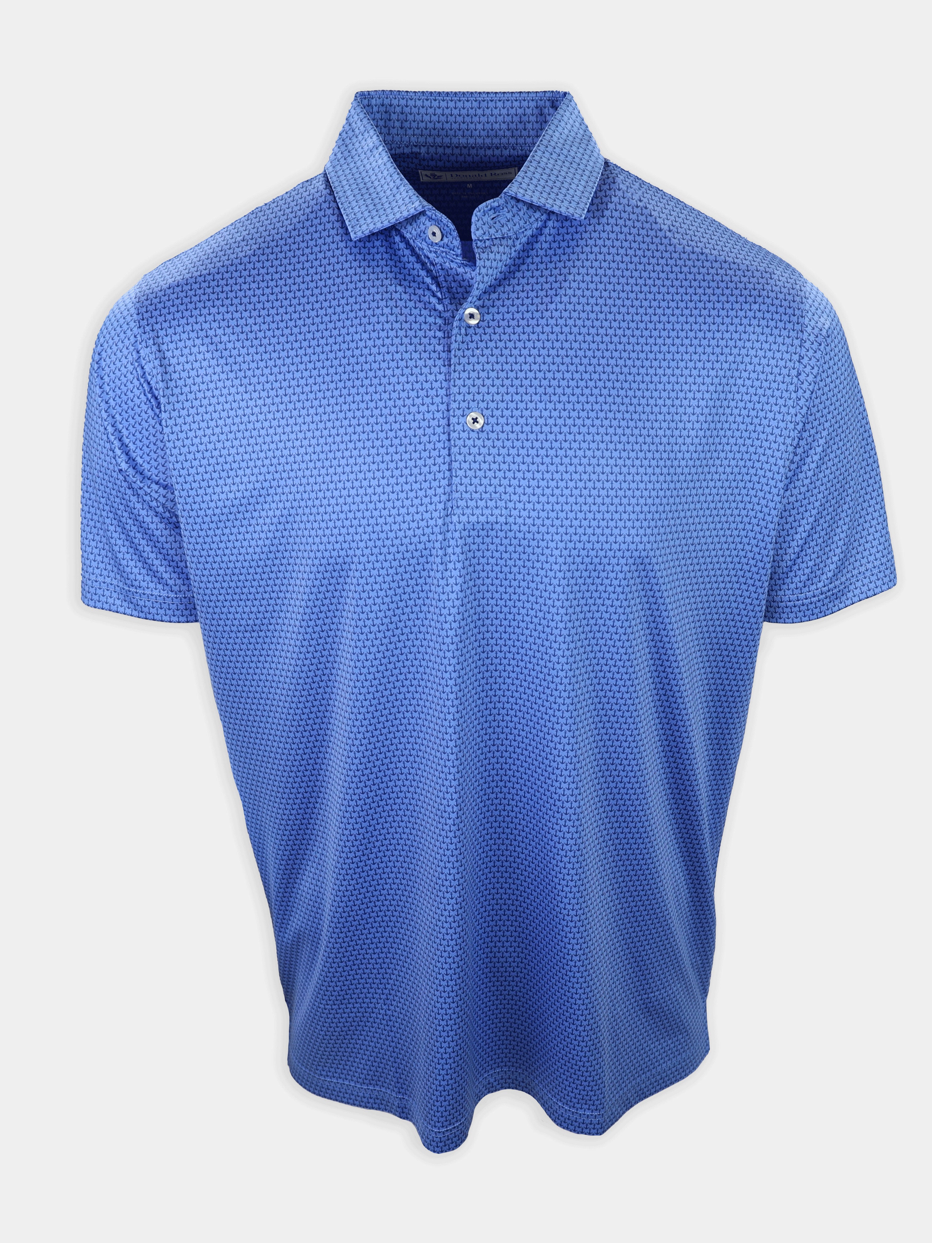 Short-sleeve polo shirt in a blue color with a textured pattern and two buttons at the collar.