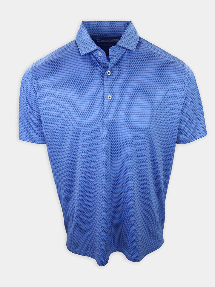 Short-sleeve polo shirt in a blue color with a textured pattern and two buttons at the collar.