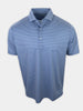 Blue short-sleeved polo shirt with a geometric pattern displayed flat.