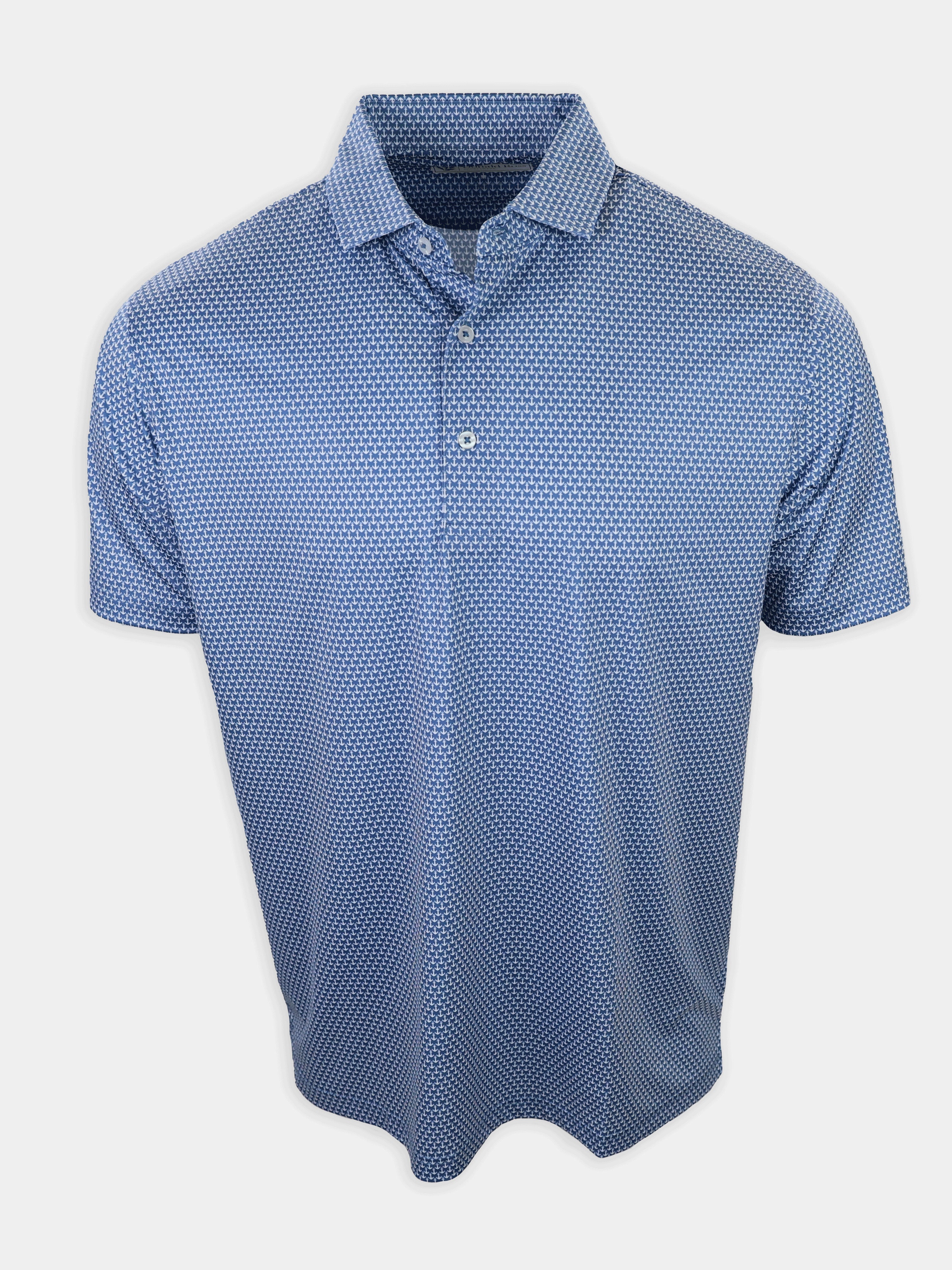 Blue short-sleeved polo shirt with a geometric pattern displayed flat.