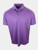 A purple polo shirt with a geometric pattern is displayed against a plain background.