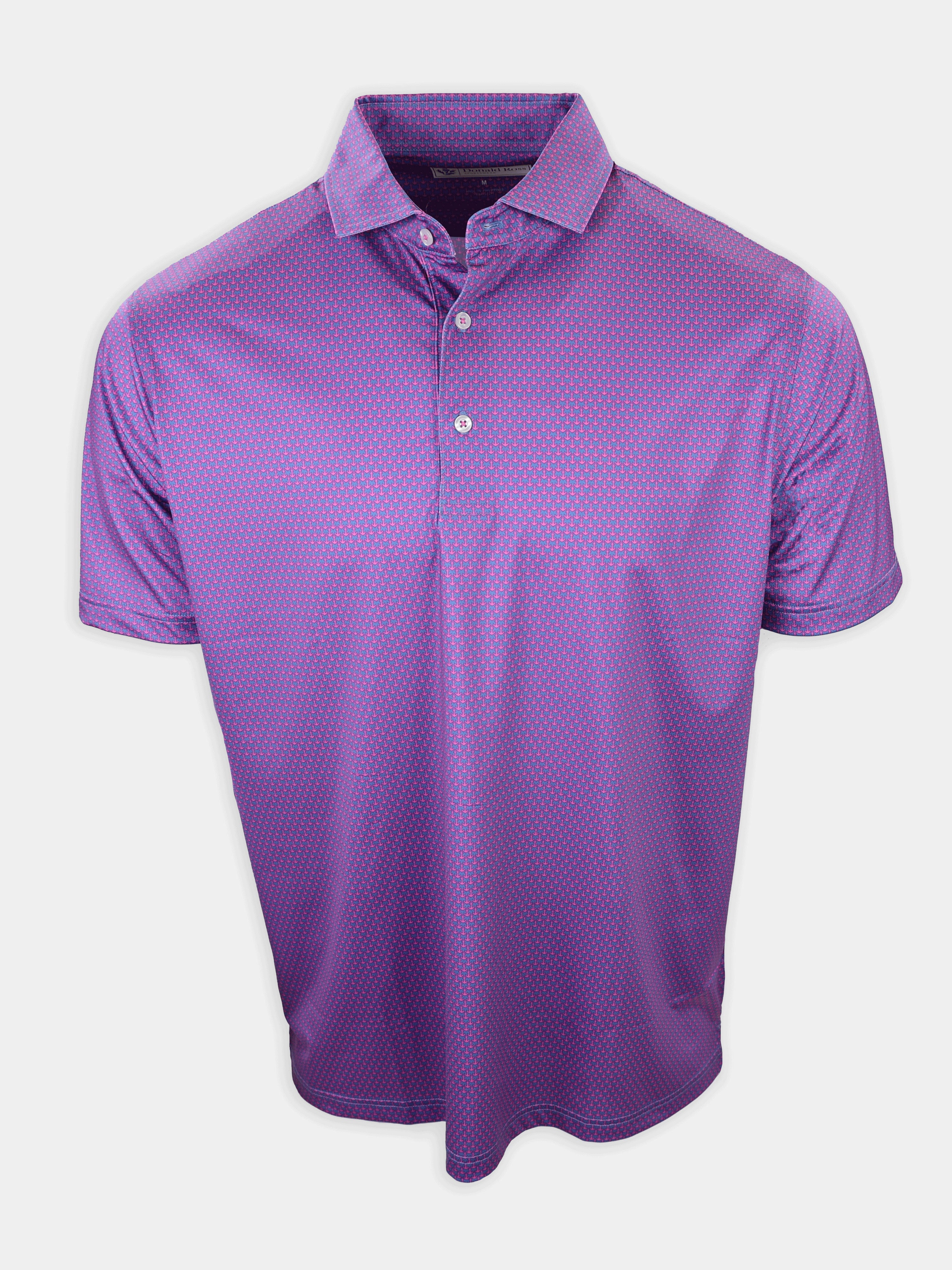 A purple polo shirt with a geometric pattern is displayed against a plain background.