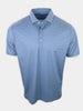 Short-sleeved blue polo shirt with a patterned texture is displayed against a white background.