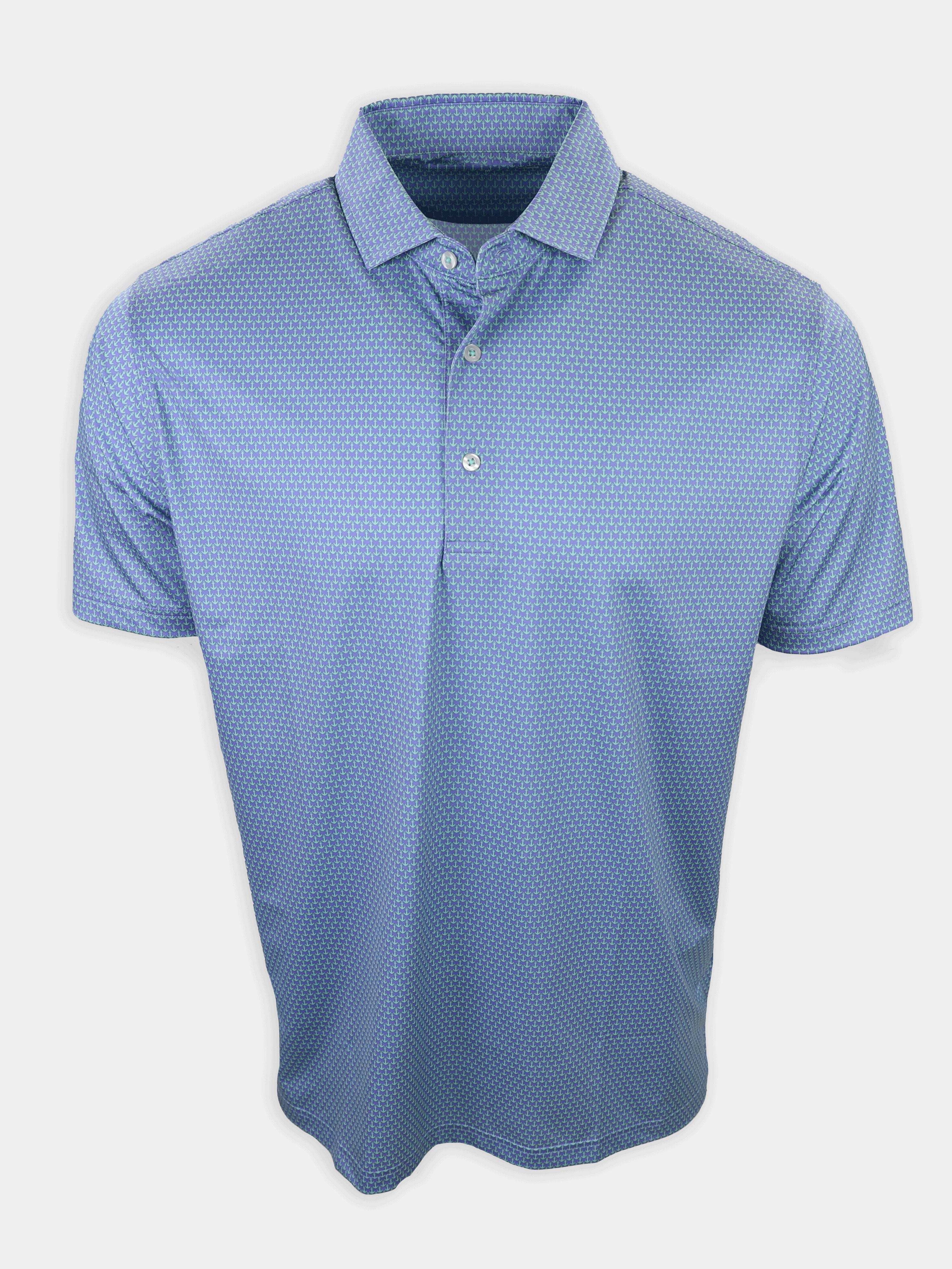 Short-sleeved blue polo shirt with a patterned texture is displayed against a white background.