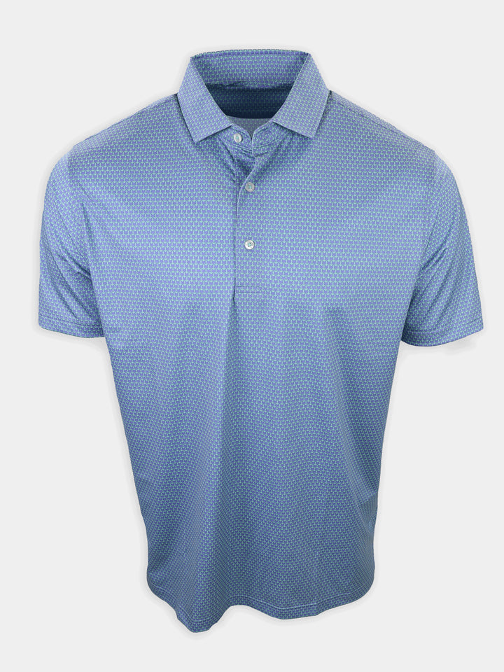 Short-sleeved blue polo shirt with a patterned texture is displayed against a white background.