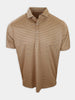 Tan short-sleeve polo shirt with a patterned design and a collar, displayed against a neutral background.