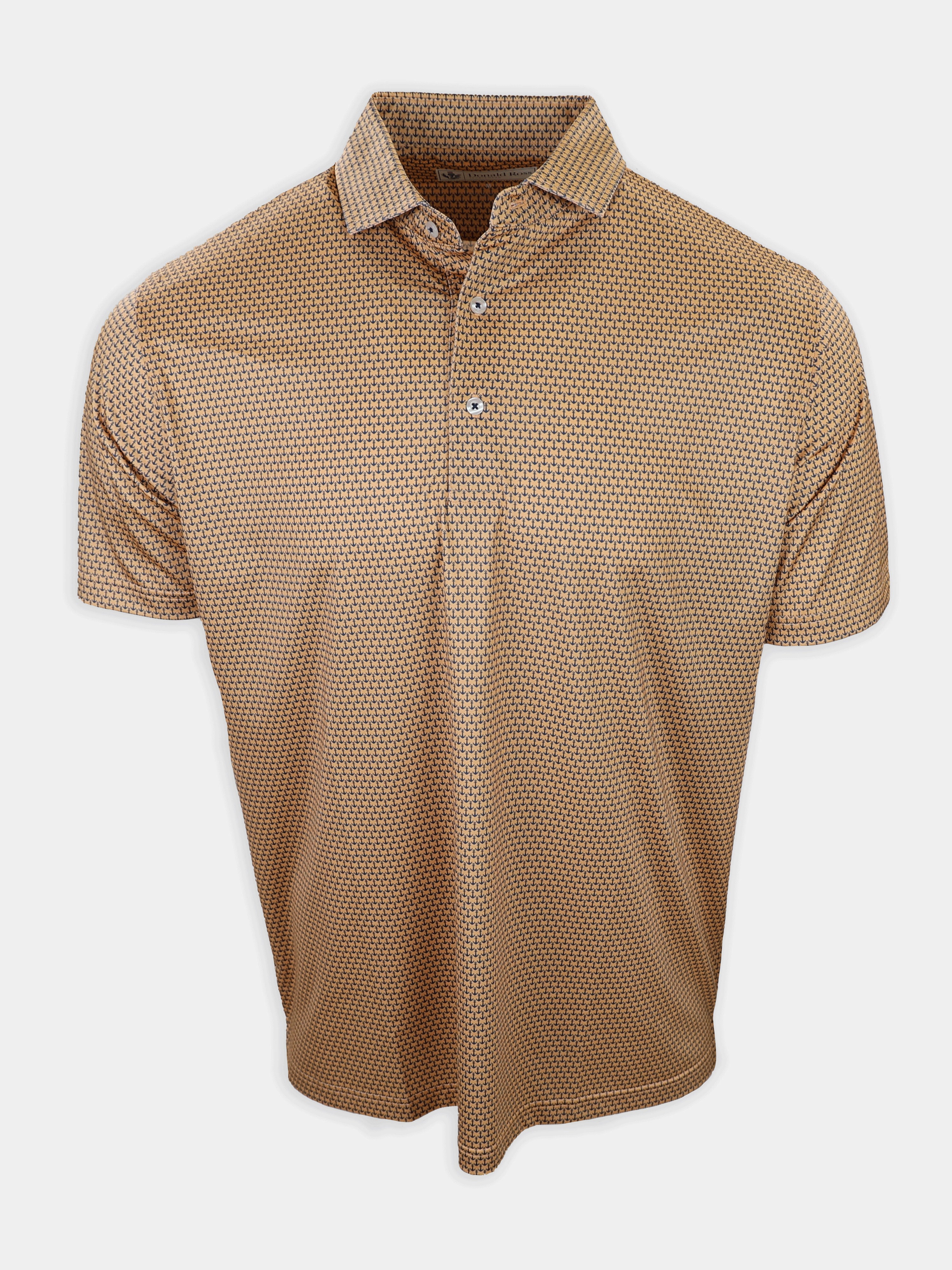 Tan short-sleeve polo shirt with a patterned design and a collar, displayed against a neutral background.