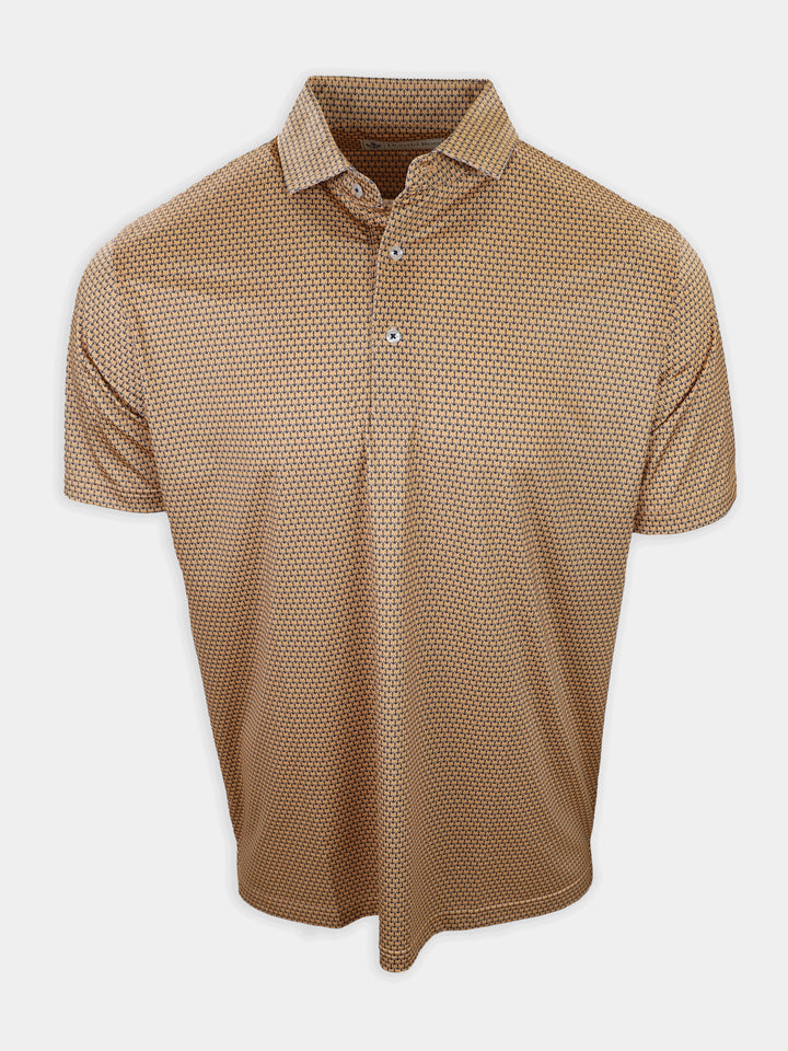 Tan short-sleeve polo shirt with a patterned design and a collar, displayed against a neutral background.