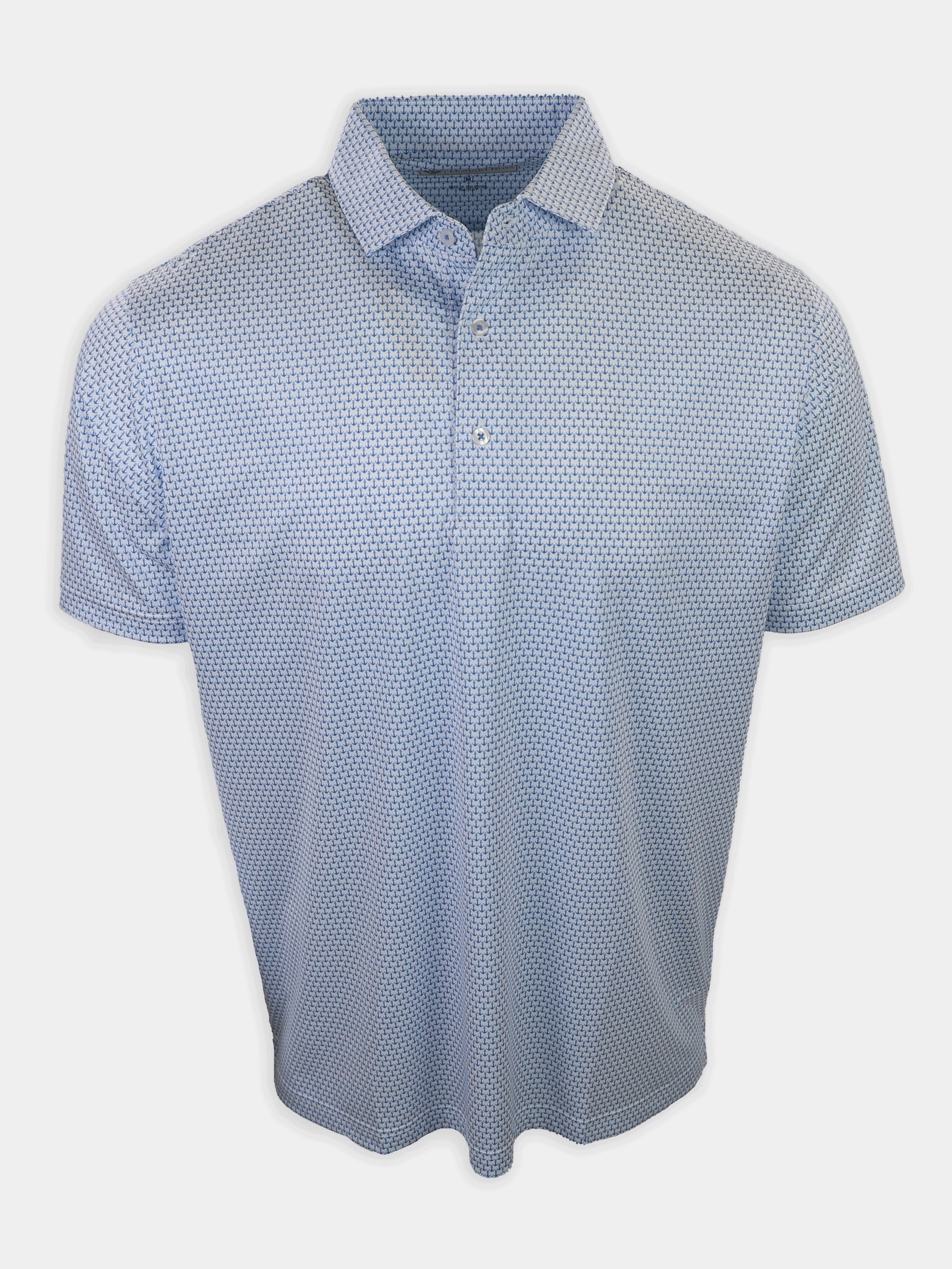 Light blue short-sleeved polo shirt with a patterned design displayed against a white background.