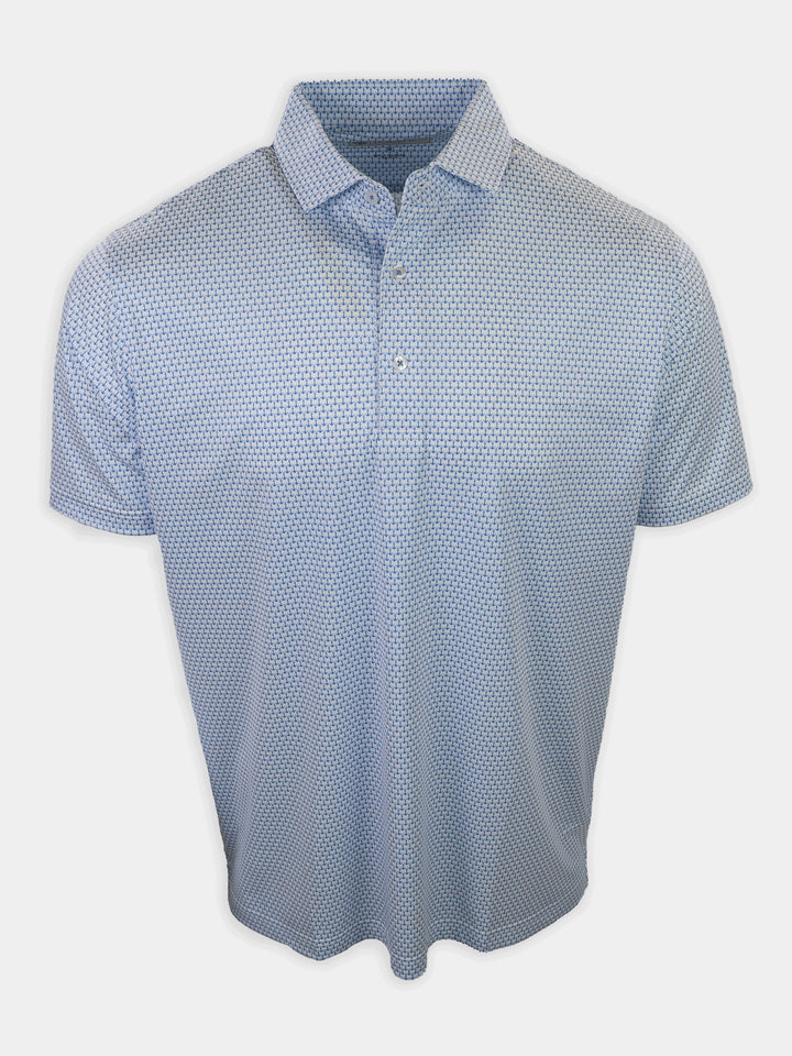 Light blue short-sleeved polo shirt with a patterned design displayed against a white background.