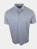 Short-sleeve blue and white patterned polo shirt is displayed with the collar visible.