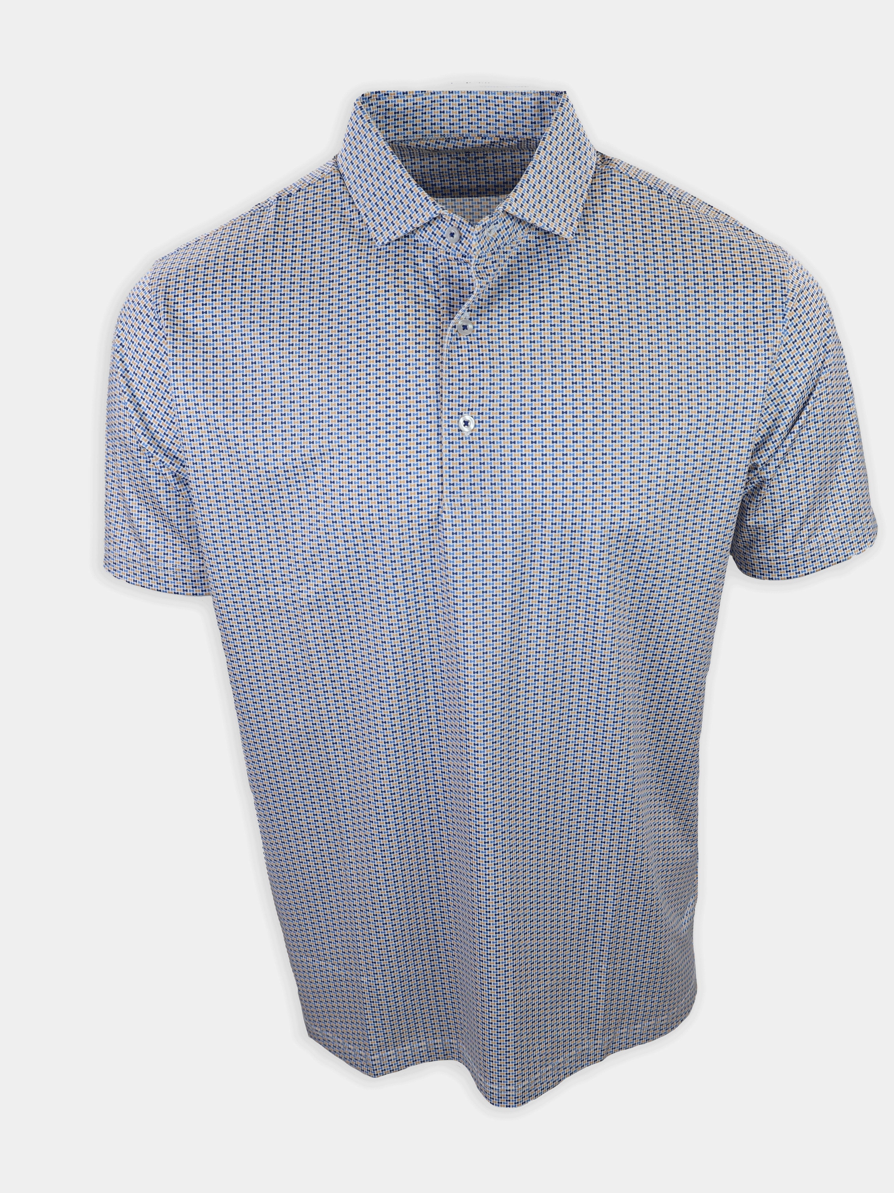 Short-sleeve blue and white patterned polo shirt is displayed with the collar visible.