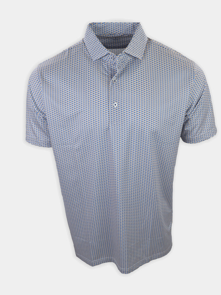 Short-sleeve blue and white patterned polo shirt is displayed with the collar visible.