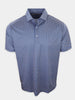 Short-sleeved, collared shirt with a blue and patterned design is displayed.