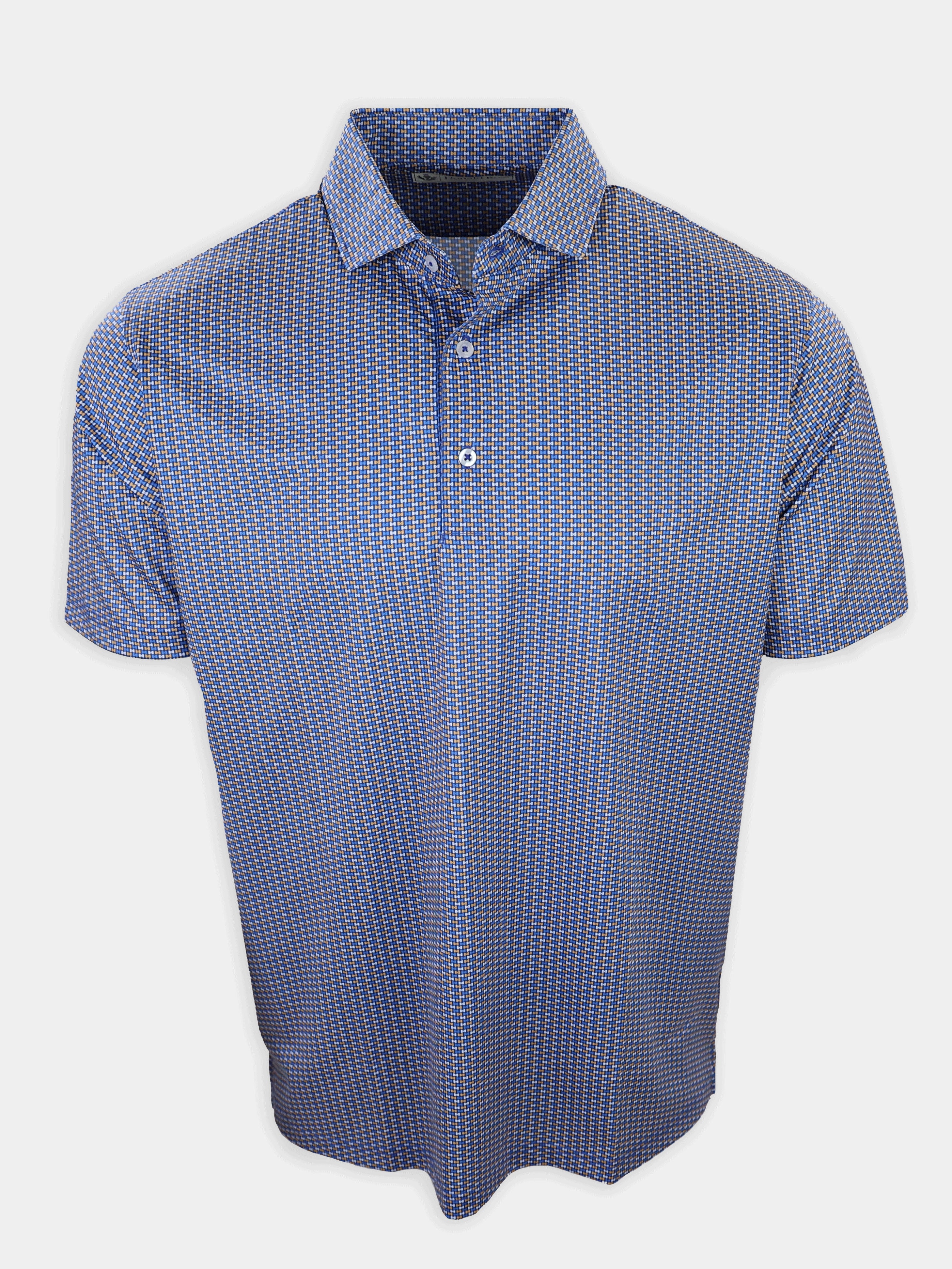 Short-sleeved, collared shirt with a blue and patterned design is displayed.