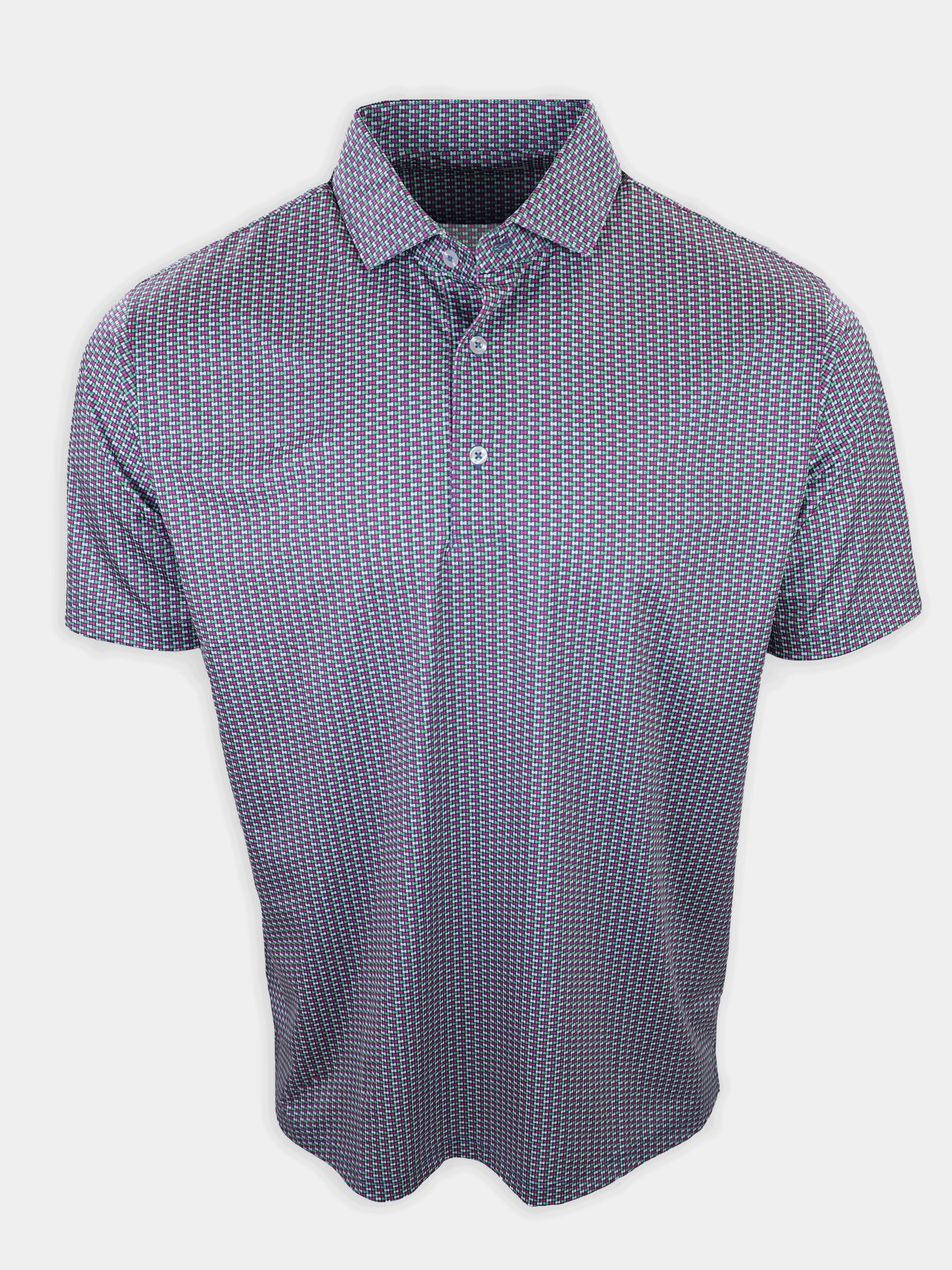 Short-sleeved collared shirt with a multicolored checked pattern displayed flat.