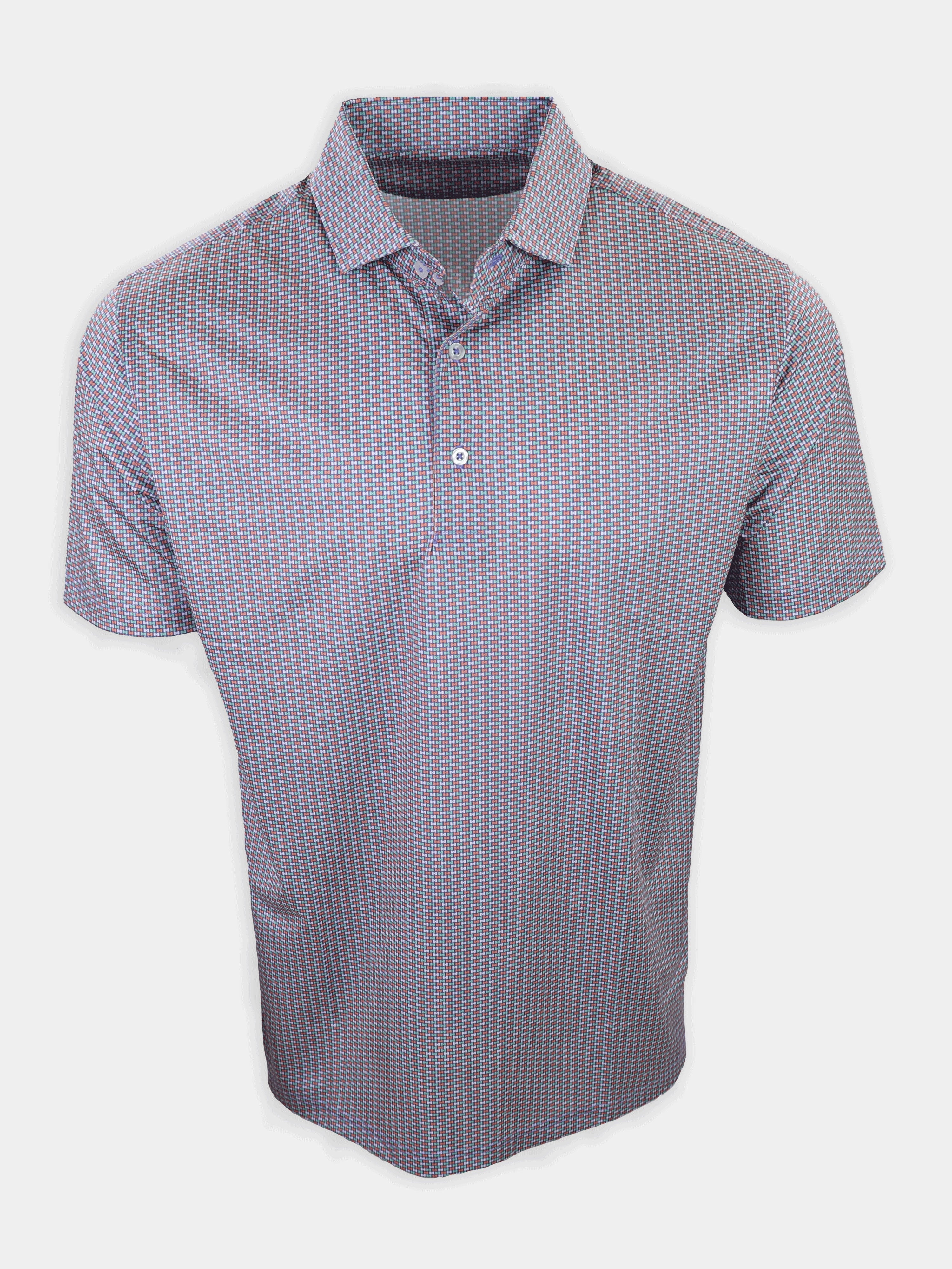 Short-sleeve, collared shirt featuring a blue and red geometric pattern.