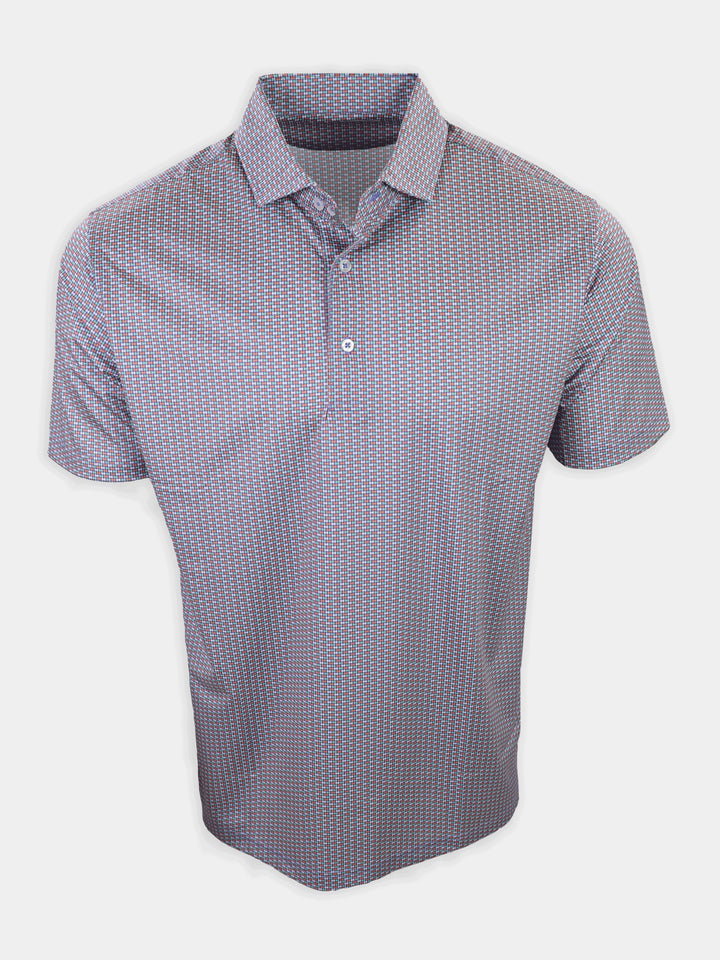 Short-sleeve, collared shirt featuring a blue and red geometric pattern.