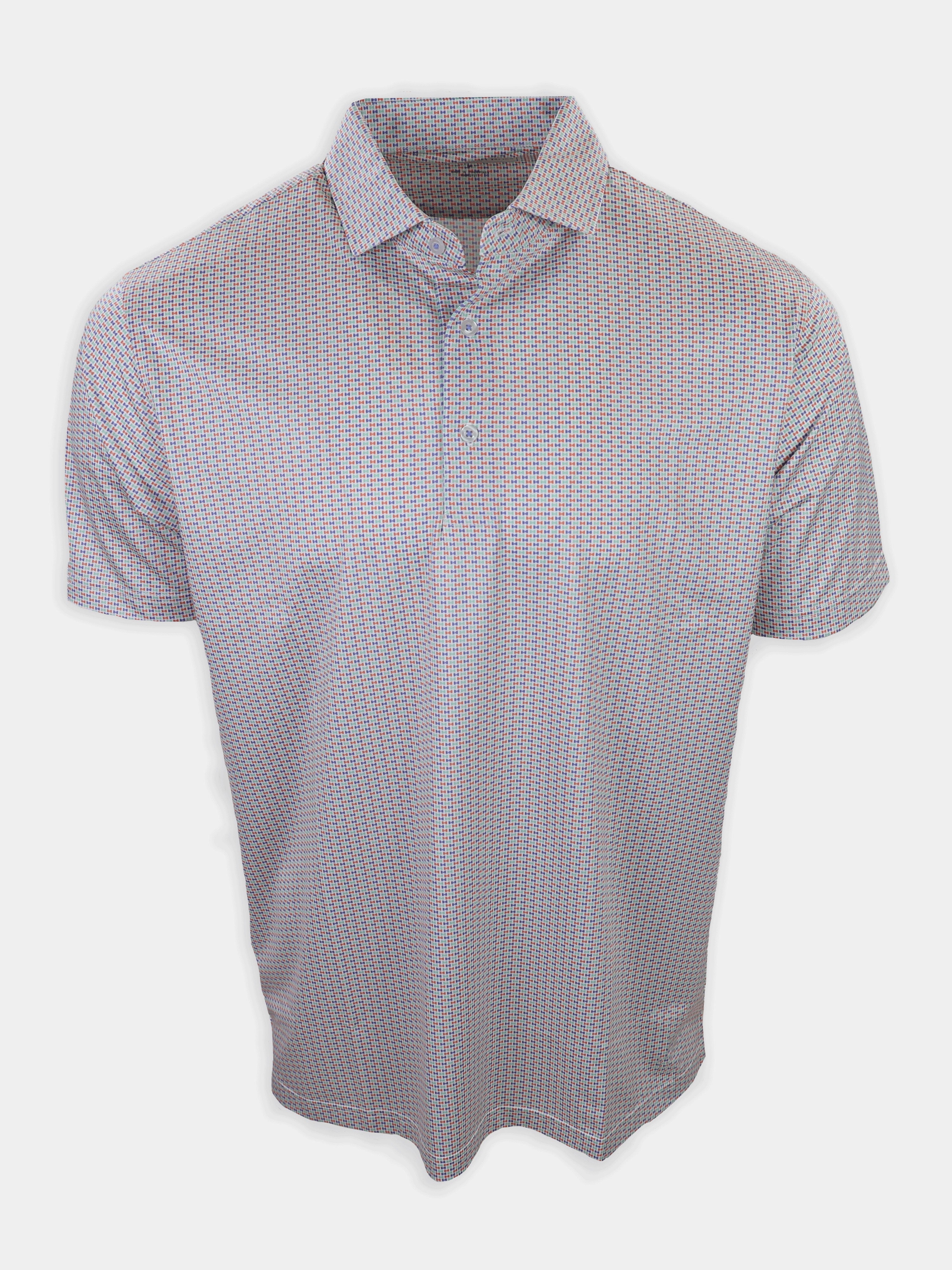Short-sleeve, collared shirt featuring a multicolored geometric pattern.