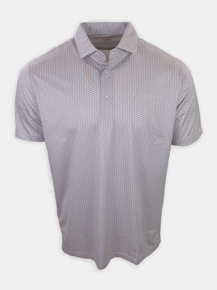 Short-sleeve, collared shirt featuring a multicolored geometric pattern.
