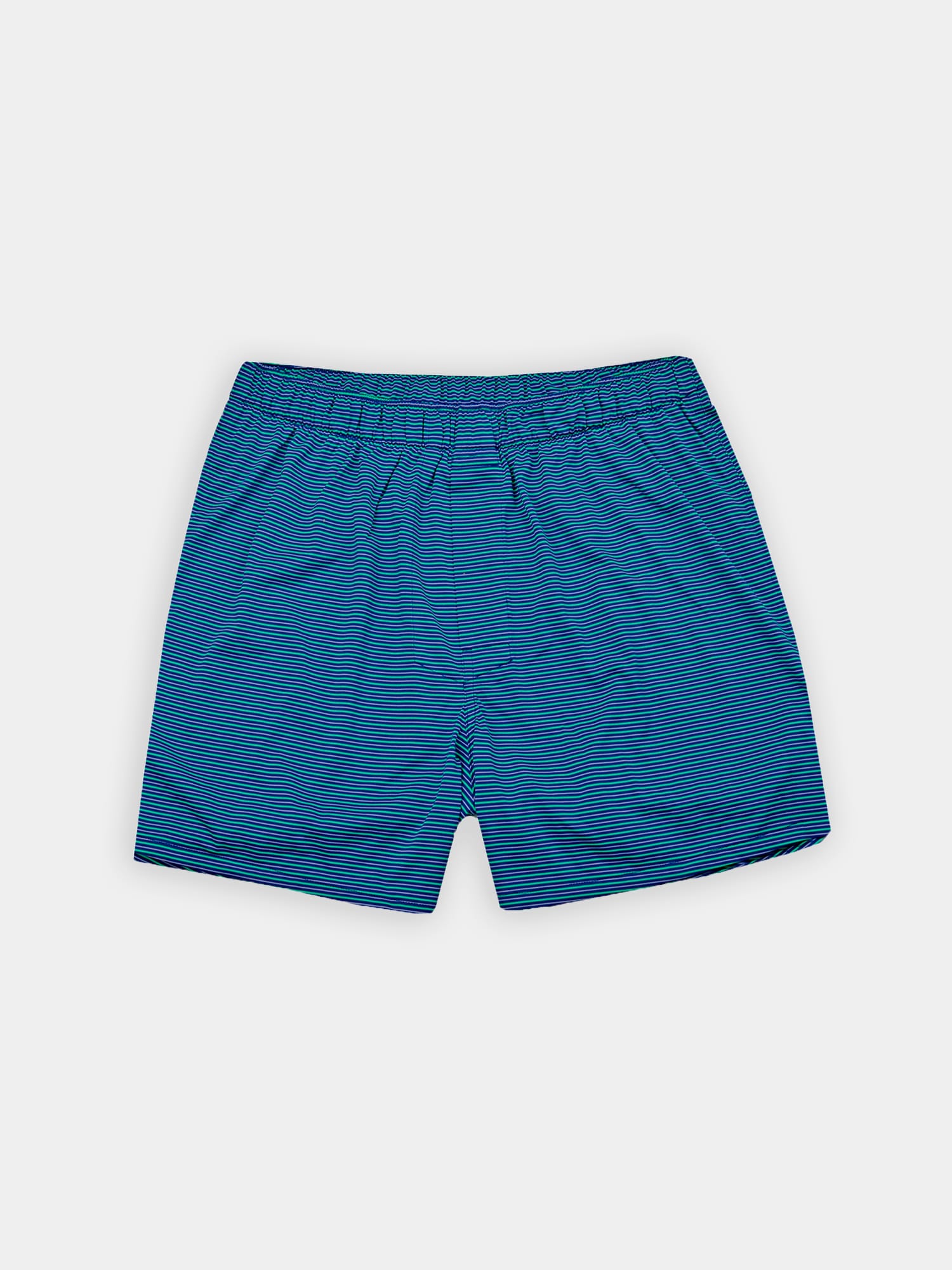 Blue, purple, and teal striped boxer shorts with an elastic waistband, neatly laid flat against a plain white background