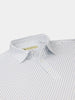 White dress shirt with a blue pattern, laid flat. The shirt features a button-down collar and is neatly buttoned down the front, conveying elegance.