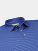 Blue button-down polo shirt with small white dotted pattern, featuring a classic collar