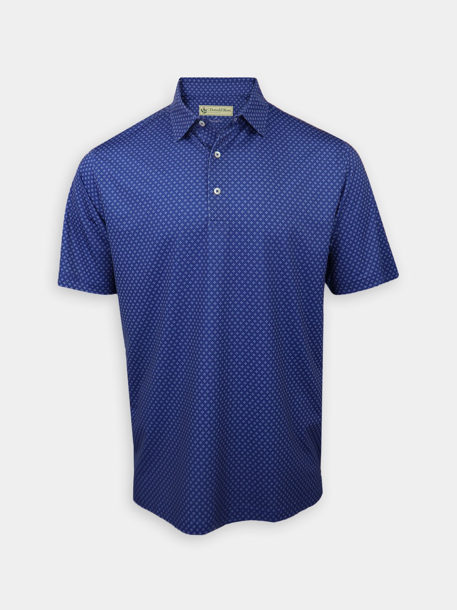 Blue polo shirt with a subtle white geometric pattern, featuring a collar with buttons