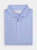 Folded blue and white patterned button-up shirt with a repeating geo print design. It features a brand label on the inside of the collar.