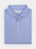 Folded blue patterned men's polo shirt with white buttons, featuring a small geo print design