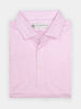 Folded pink geo print golf polo shirt with a pointed collar and short buttons, placed on a white background