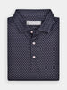 Dark blue polo shirt with white pepper pattern, folded neatly. Features a collar, three white buttons, and a Donald Ross label