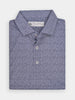 Folded blue patterned polo shirt with a subtle water drop texture, featuring a collar and three buttons
