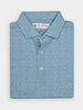 Folded blue patterned polo shirt with a textured design and three buttons