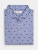 Folded light blue polo shirt with small navy dogwalker-themed embroidery. Features a collar, button placket, and a label inside the collar