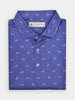 Folded blue golf polo shirt for men with a small pattern of white figures walking dogs