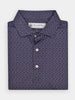 Black button-up golf polo with a white, abstract toucan pattern. The collar is neatly folded, conveying a formal and elegant style.