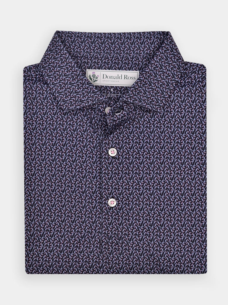 Black button-up golf polo with a white, abstract toucan pattern. The collar is neatly folded, conveying a formal and elegant style.