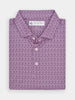 Folded purple shirt with a toucan pattern. Features a spread collar and three white buttons. The design is sophisticated and elegant.