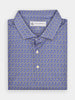 Folded blue patterned polo shirt with a toucan design, featuring a collar and white buttons