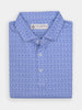 Folded blue patterned polo shirt with a toucan design, featuring a collar and white buttons