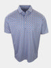 Short-sleeve button-up shirt with a floral pattern in shades of blue, pink, and green.